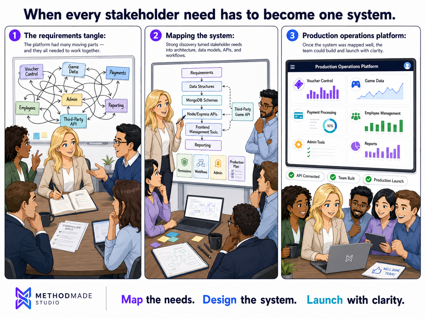 Three-panel MethodMade comic showing stakeholder requirements becoming a full-stack casino floor management platform with backend systems, frontend tools, reporting, and production launch.
