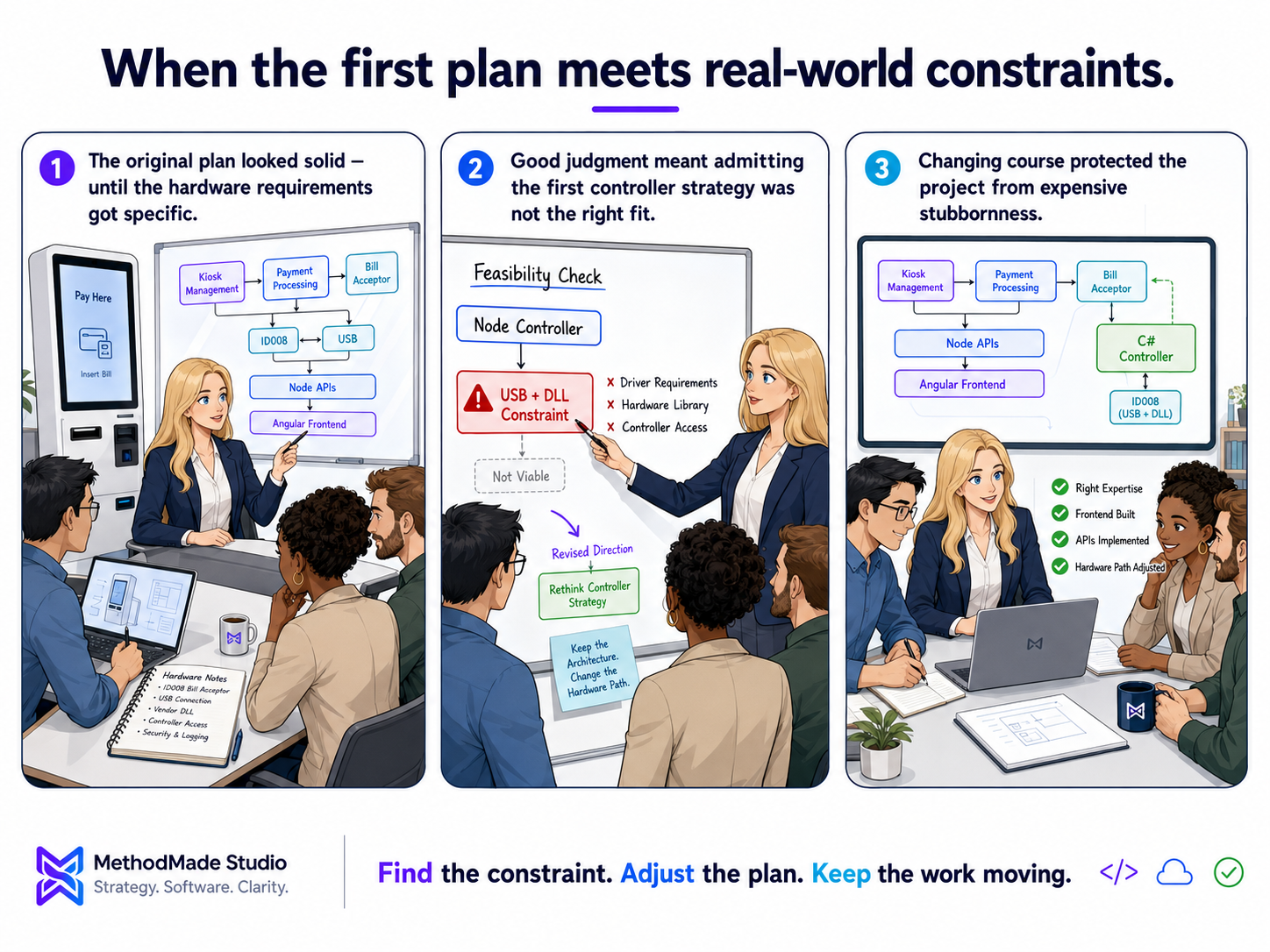 Three-panel MethodMade comic showing a kiosk hardware integration moving from an initial Node controller assumption to a course correction after USB and DLL constraints appeared.