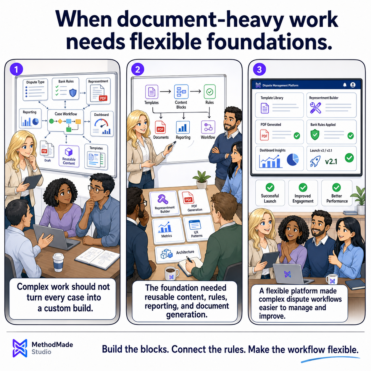 Three-panel MethodMade comic showing document-heavy dispute workflows becoming a flexible platform with reusable templates, reporting, dashboards, and document generation.