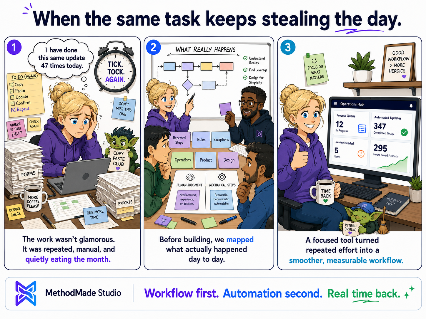 Three-panel MethodMade comic showing a spreadsheet-dependent operations process becoming a focused internal application.