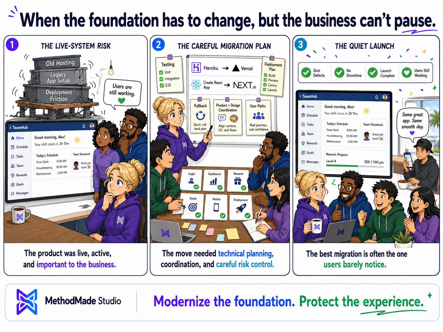 Three-panel MethodMade comic showing a live product migration from an expiring deployment path to a more stable platform without downtime or user disruption.
