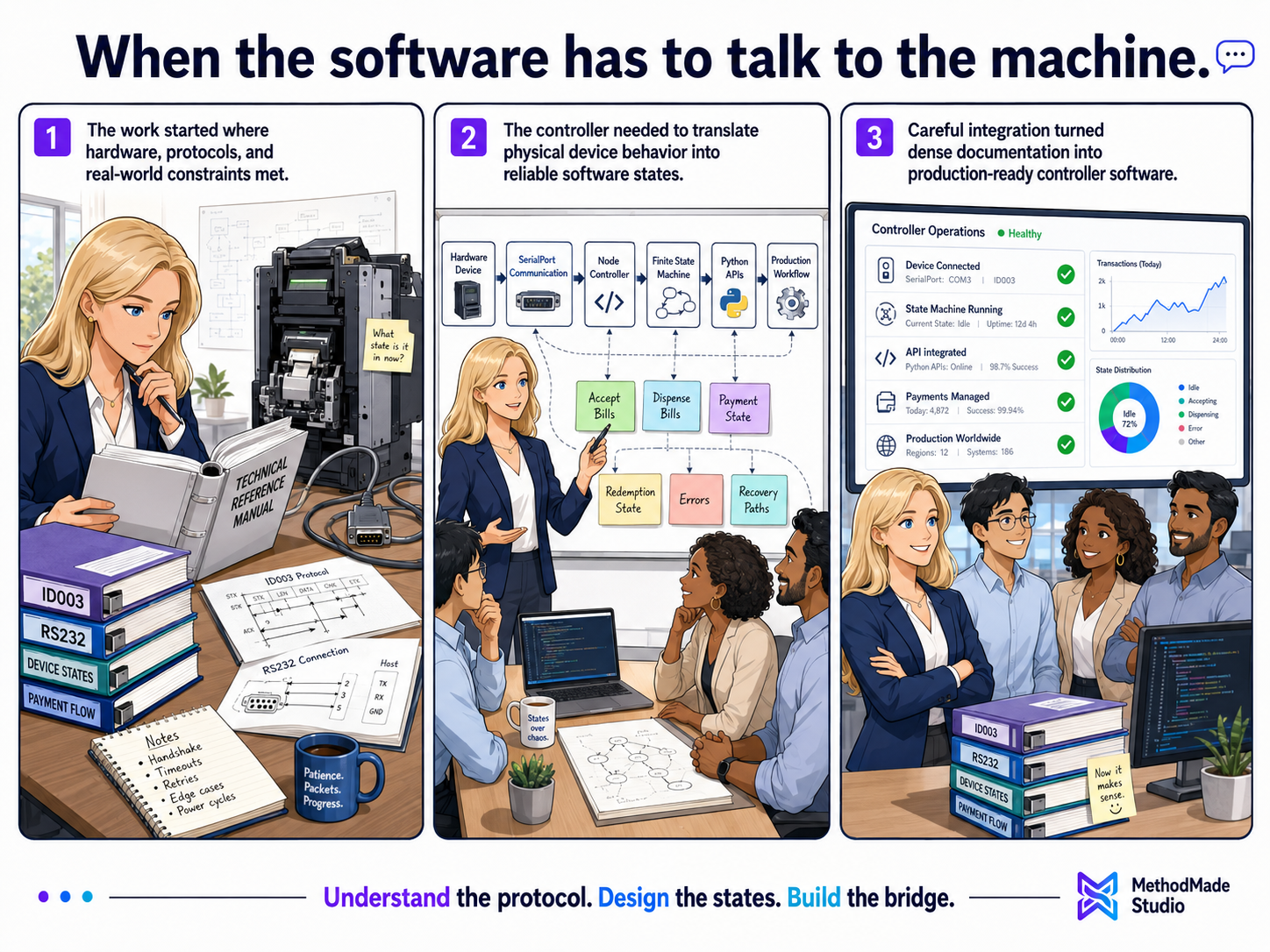 Three-panel MethodMade comic showing hardware documentation and protocol timing becoming a Node-based BTM bill recycler controller for acceptance and dispensing workflows.