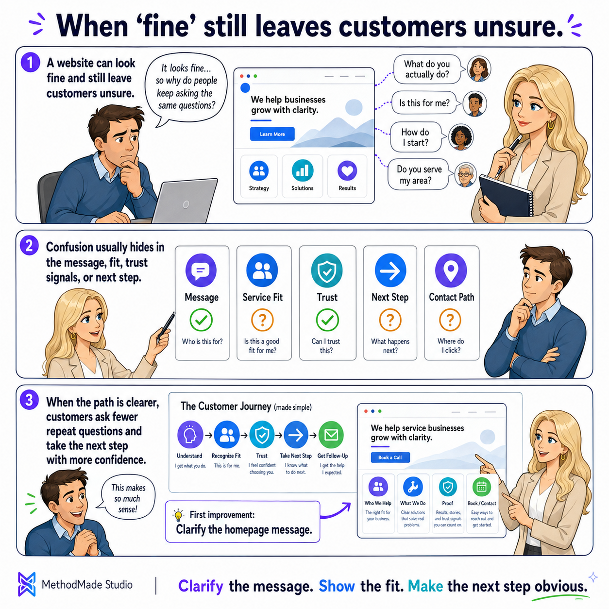 Three-panel MethodMade comic showing a business owner realizing that every question answered on the website reduces customer confusion and repetitive manual work.