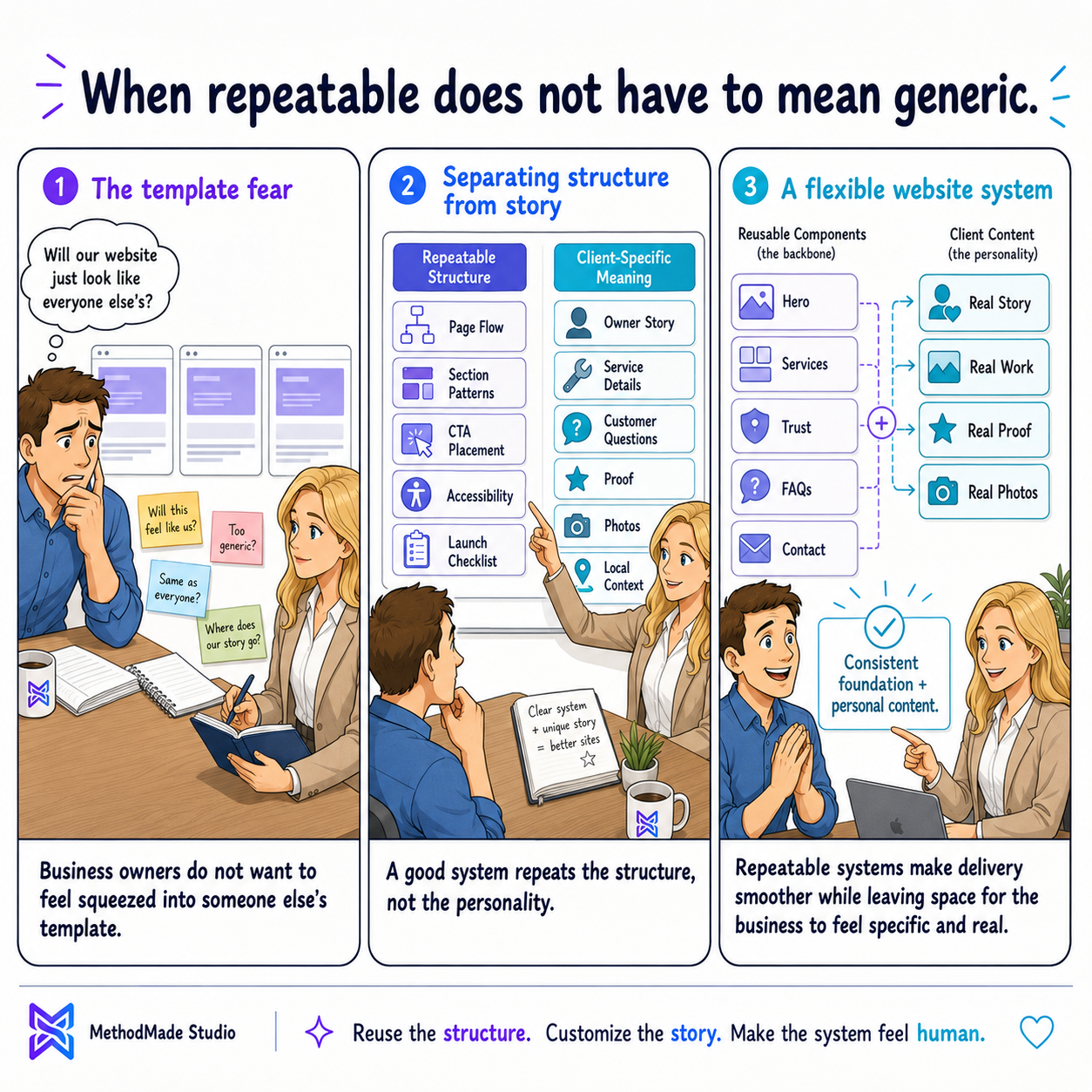 Three-panel MethodMade comic showing a repeatable website delivery system that keeps discovery, page patterns, QA, and handoff consistent while preserving each client’s story and business context.
