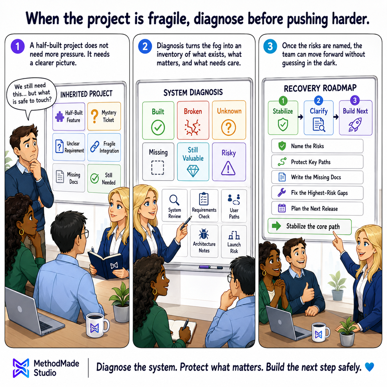 Three-panel MethodMade comic showing a half-built software project being inventoried into built, broken, unknown, missing, and must-have before the team decides what to stabilize, repair, rebuild, or remove.