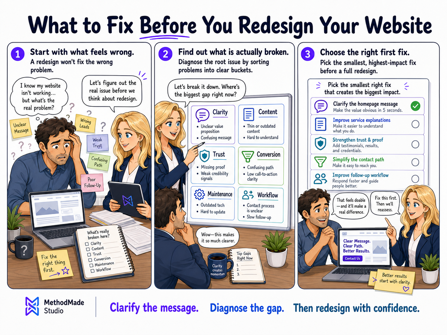 Three-panel MethodMade comic showing a business owner and consultant identifying what feels wrong, sorting website problems into clarity, content, trust, conversion, maintenance, and workflow gaps, then choosing the right first fix before redesigning.