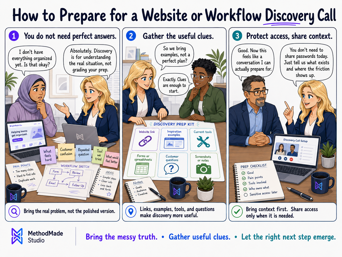Three-panel MethodMade comic showing a business owner preparing for a website or workflow discovery call by bringing messy notes, current tools, examples, repeated customer questions, and constraints into a clearer guided conversation.