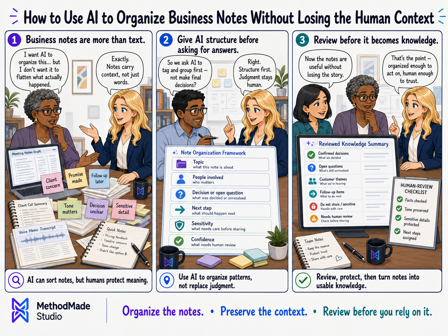 Three-panel MethodMade comic showing messy business notes becoming summaries, tasks, and follow-up drafts while human review protects context, privacy, accuracy, and judgment.